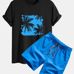 Regular Fit Palm Trees Silhouette Print Cotton T-Shirt & Swim Shorts
