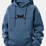 Black Cat Print Drawstring Hoodie