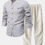 Long Sleeve Linen Look Stand Collar Shirt & Straight Leg Linen Pants