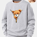 Zipper Bear Print Teddy Fleece Lined Sweatshirt