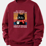 Black Cat Drinking Coffee Print Relax Fit Sweatshirt