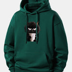 Black Cat Drinking Coffee Print Relax Fit Hoodie
