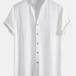 Short Sleeve V Neck Linen Rayon Blend Shirt & Linen Cotton Blend Drawstring Shorts