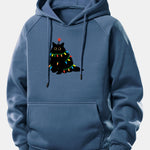 Christmas Lights Black Cat Print Drawstring Hoodie