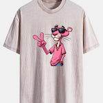 Pink Panther With V Sign Print Washed Distressed Drop Shoulder T-Shirt