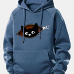 Zipper Black Cat Print Drawstring Hoodie