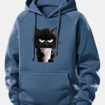 Black Cat Drinking Coffee Print Drawstring Hoodie