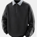 Stripe Waffle Zipper Polo Neck Sweatshirt