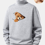 Zipper Bear Print Teddy Fleece Lined Turtle Neck Sweatshirt