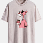Pink Panther Drinking Coffee Print Washed Distressed Drop Shoulder T-Shirt
