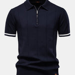 Contrast Trim Zipper Knit Polo Shirt & Straight Leg Ribbed Pants