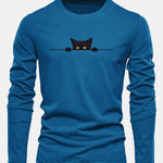 Long Sleeve Black Cat Print Cotton T-Shirt
