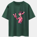 Pink Panther With V Sign Print Drop Shoulder Oversize T-Shirt