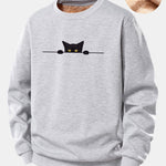 Black Cat Print Teddy Fleece Lined Sweatshirt