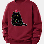 Christmas Lights Black Cat Print Relax Fit Sweatshirt