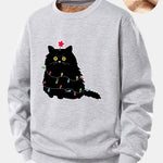 Christmas Lights Black Cat Print Teddy Fleece Lined Sweatshirt