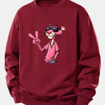 Pink Panther With A V Sign Print Relax Fit Sweatshirt