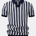 Stripe Johnny Collar Open Knit Polo