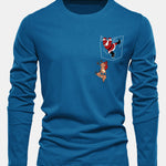 Long Sleeve Pocket Santa Print Cotton T-Shirt