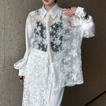 Hollow 3D Floral Stitching Pearl Shirt