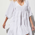 Zeagoo Women's Cute Sweet Tie up V Neck Drawstring Short Sleeve Babydoll Dress Loose Tiered Ruffle Swing Tunic Mini Dress
