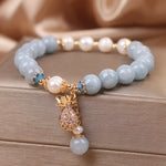 Buddha Stones Aquamarine Pearl Fortune Money Bag Charm Bracelet