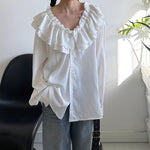 Padded Shoulder Ruffle Collar Loose Drape Shirt