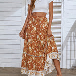 Zeagoo Women's Bohemian Floral Skirt Elastic High Waist A- Line Tiered Flowy Beach Maxi Skirt
