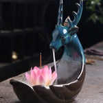 Buddha Stones Little Deer Ceramic Lotus Meditation Incense Burner Decoration
