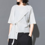 Fake Two-piece Straight Lace-up Striped Patchwork T-shirt