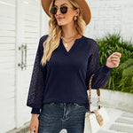 Zeagoo V Neck Tops Solid Color Blouse Long Sleeve Pullover Lace Patchwork Shirt