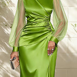 Zeagoo Women's Classic Satin Mesh Sleeve Ruched Maxi Wrap Dress