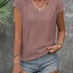 Zeagoo V Neck Eyelet T Shirts Cap Sleeve Tops