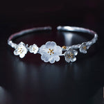Buddha Stones 925 Sterling Silver Plum Flower Blessing Bracelet Adjustable Bangle