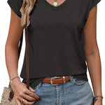 Zeagoo V Neck Eyelet T Shirts Cap Sleeve Tops