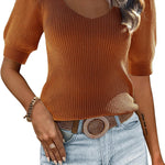 Zeagoo Puff Sleeve Tops Sweater V Neck Short Sleeve Shirts
