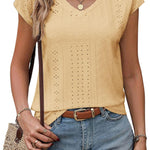 Zeagoo V Neck Eyelet T Shirts Cap Sleeve Tops