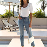 Zeagoo Puff Sleeve Tops Sweater V Neck Short Sleeve Shirts