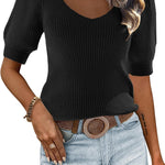 Zeagoo Puff Sleeve Tops Sweater V Neck Short Sleeve Shirts