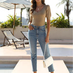 Zeagoo Puff Sleeve Tops Sweater V Neck Short Sleeve Shirts