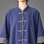 Cotton Linen Three Quarter Sleeve Frog Button Taichi Shirt