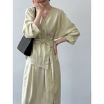 Women's V-Neck Tie-Waist Linen Shirt and Maxi Skirt Two-Piece Set