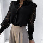 Zeagoo Elegant Lace V-NeckShirt Solid Color Hollow Out Long Sleeve Patchwork Blouse