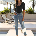 Zeagoo Puff Sleeve Tops Sweater V Neck Short Sleeve Shirts