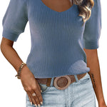Zeagoo Puff Sleeve Tops Sweater V Neck Short Sleeve Shirts