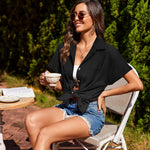 Zeagoo Linen Shirts Cotton Short Sleeve V Neck Collared Blouses