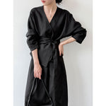 Women's V-Neck Tie-Waist Linen Shirt and Maxi Skirt Two-Piece Set