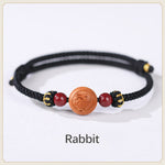Buddha Stones Natural Peach Wood Chinese Zodiac Fu Character Carved Cinnabar Wealth Bracelet