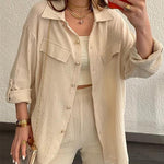 Zeagoo Double Crepe Loose Oversized Lapel Long Sleeve Shirt Casual Pants Set