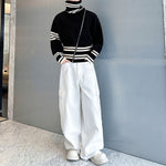 Contrast Striped Diagonal Zip-up Turtleneck Sweater